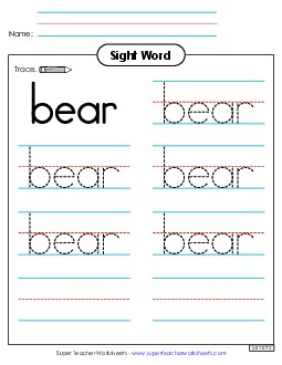 Trace the Word: Bear Sight Words Individual Worksheet