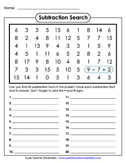 Subtraction Number Search  Worksheet