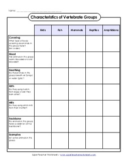 Characteristics of Vertebrates (Table) Animals Worksheet