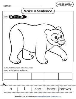 Cut and Glue Sentences Picture Book Brown Bear Worksheet