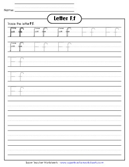 Letter F, f - Tracing (Smaller Font Size) Alphabet Worksheet