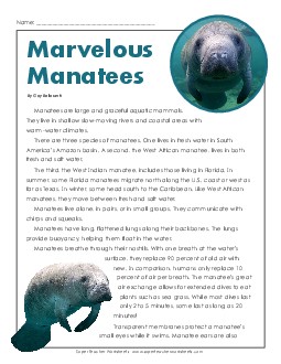 Manatees 6th Grade Reading Comprehension Worksheet