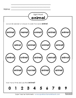 Dab or Color: Animal Sight Words Individual Worksheet