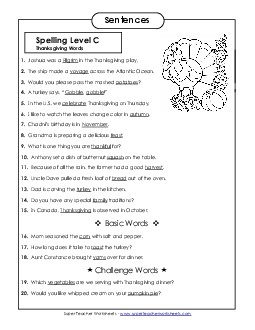 Spelling Test Sentences (C-Thanksgiving)  Spelling C Worksheet