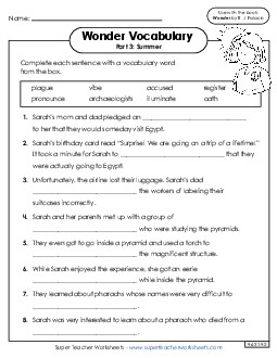 Vocabulary for Part 3  Book Wonder Worksheet