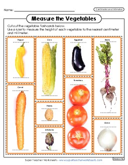 Flash Cards: Measure the Vegetables (Nearest Centimeter and Millimeter)  Measurement Worksheet