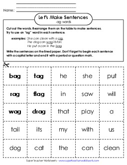 Make Sentences: Word Cards (-ag) Word Families Worksheet