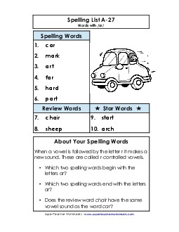 Spelling List A-27 Spelling A Worksheet