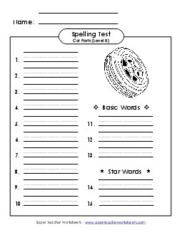 Spelling Test (B-Car Parts)  Spelling B Worksheet