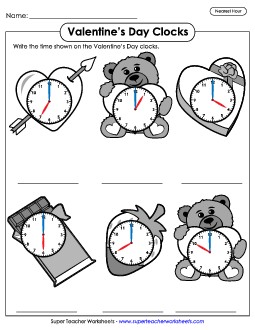 Valentine\'s Day Clocks - Nearest Hour Valentines Day Worksheet