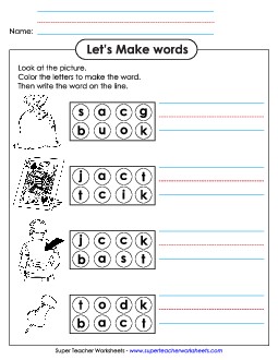 Color the Letters & Write (-ack) Word Families Worksheet