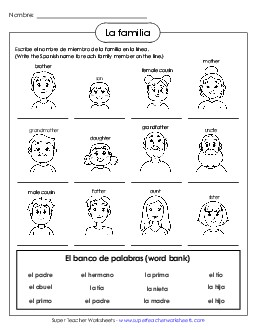 Write the Word: Family Spanish Vocabulary Worksheet