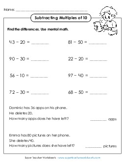 Subtracting Multiples of 10 (Horizontal w/ Word Problems) Subtraction Worksheet