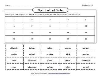 Cut & Glue ABC Order (E-8) Spelling E Worksheet