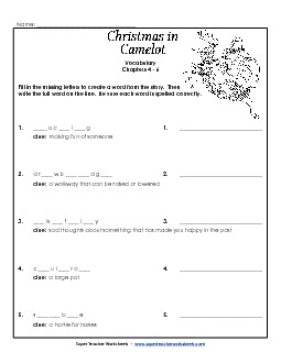 Vocabulary for Chapters 4-6 Book Christmas In Camelot Worksheet