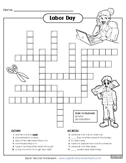 Labor Day Crossword Puzzle Holiday Worksheet