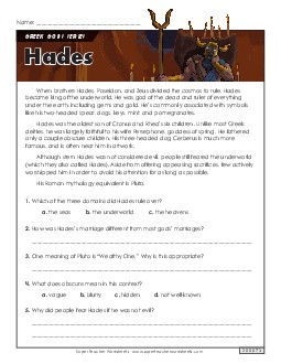 Greek Gods Series: Hades Reading Comprehension Reading Comp Short Worksheet