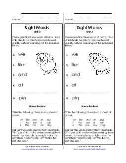 Take-Home List (Unit 3) Sight Words Worksheet