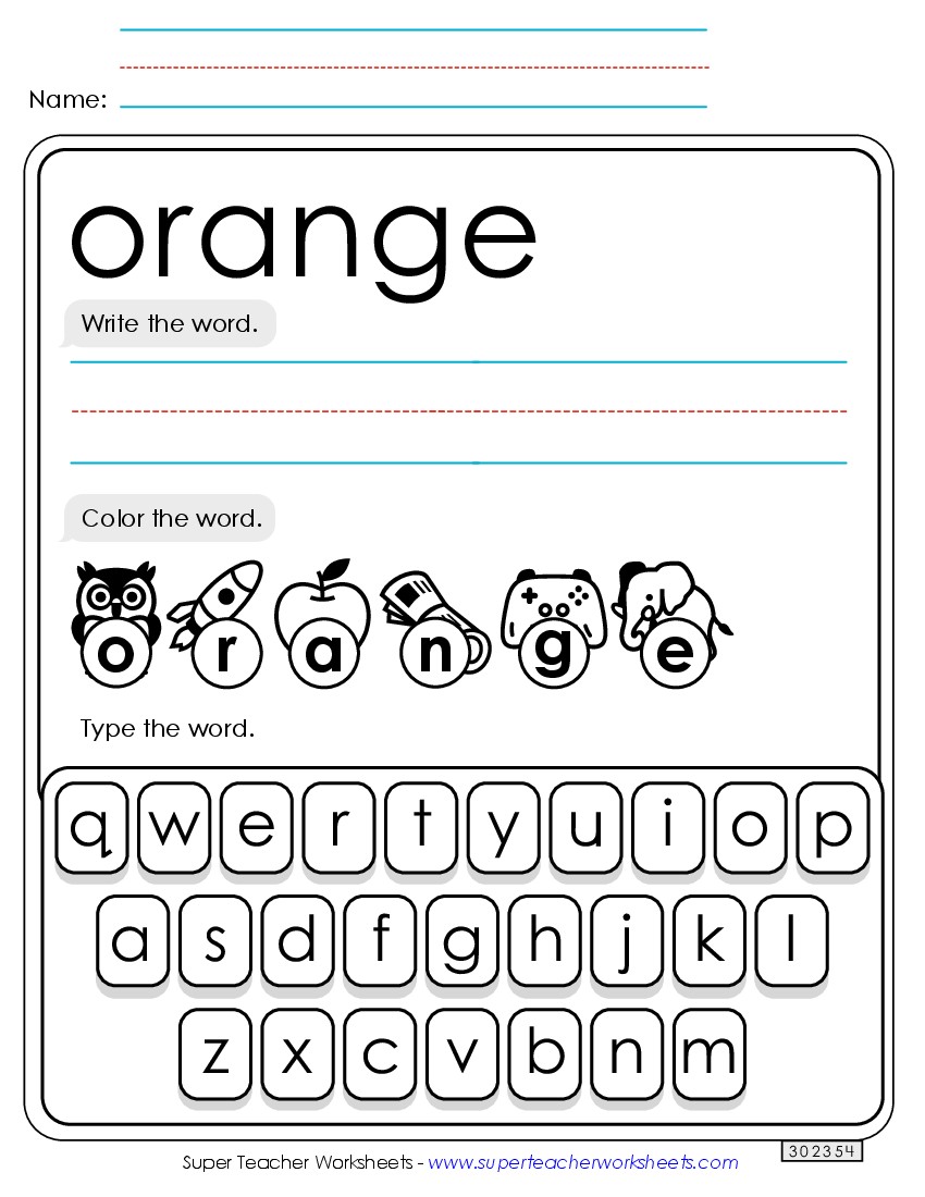 Write, Color, Type: Orange Sight Words Individual Worksheet