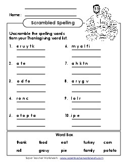 Word Scramble (A-Thanksgiving)  Spelling A Worksheet