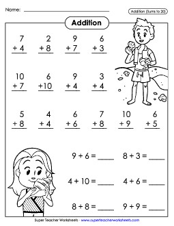 Basic Addition Facts: Seashells  Worksheet