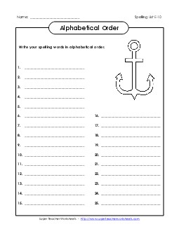 ABC Order: Full List (E-10) Spelling E Worksheet