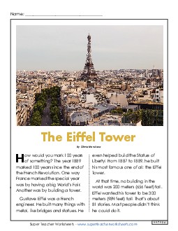 The Eiffel Tower Reading Comprehension Worksheet