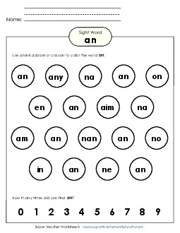 Dab or Color: An Sight Words Individual Worksheet