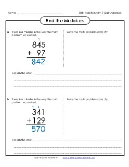 Find the Mistakes Addition Worksheet