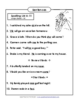 Spelling Test Sentences (A-11)  Spelling A Worksheet