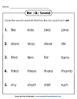 Circle the Word: /Ã»r/ Spelled <i>ir</i> Phonics R Controlled Vowels Worksheet