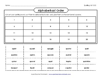 ABC Order: Cut and Glue (D-30) Spelling D Worksheet