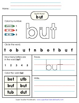 Worksheet 4: But Sight Words Individual Worksheet