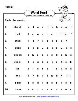 Horizontal Word Hunt (A-Hockey Words) Spelling A Worksheet