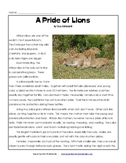 A Pride of Lions 4th Grade Reading Comprehension Worksheet