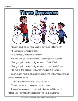 Three Snowmen 2nd Grade Reading Comprehension Worksheet