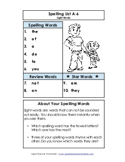 Spelling List A-6 Spelling A Worksheet