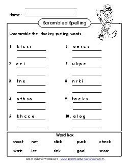 Scrambled Spelling Words (A-Hockey Words)  Spelling A Worksheet