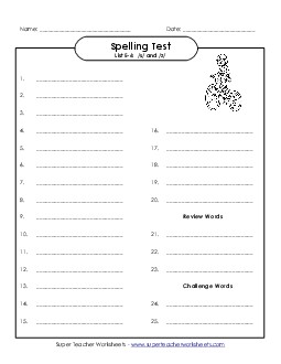 Spelling Test (E-6) Spelling E Worksheet