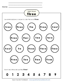 Dab or Color: Three Sight Words Individual Worksheet