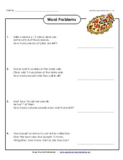 Word Problems:  Facts 0-20 Mixed Addition Subtraction Worksheet