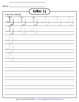 Letter J, j - Tracing (Smaller Font Size) Alphabet Worksheet