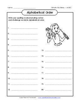 ABC Order: Write List (C-Simple Machines Words)  Spelling C Worksheet