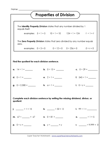 Properties of Division (Zero and One) Worksheet