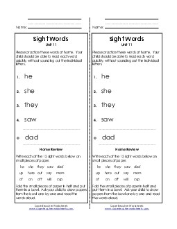 Take-Home List (Unit 11)  Sight Words Worksheet