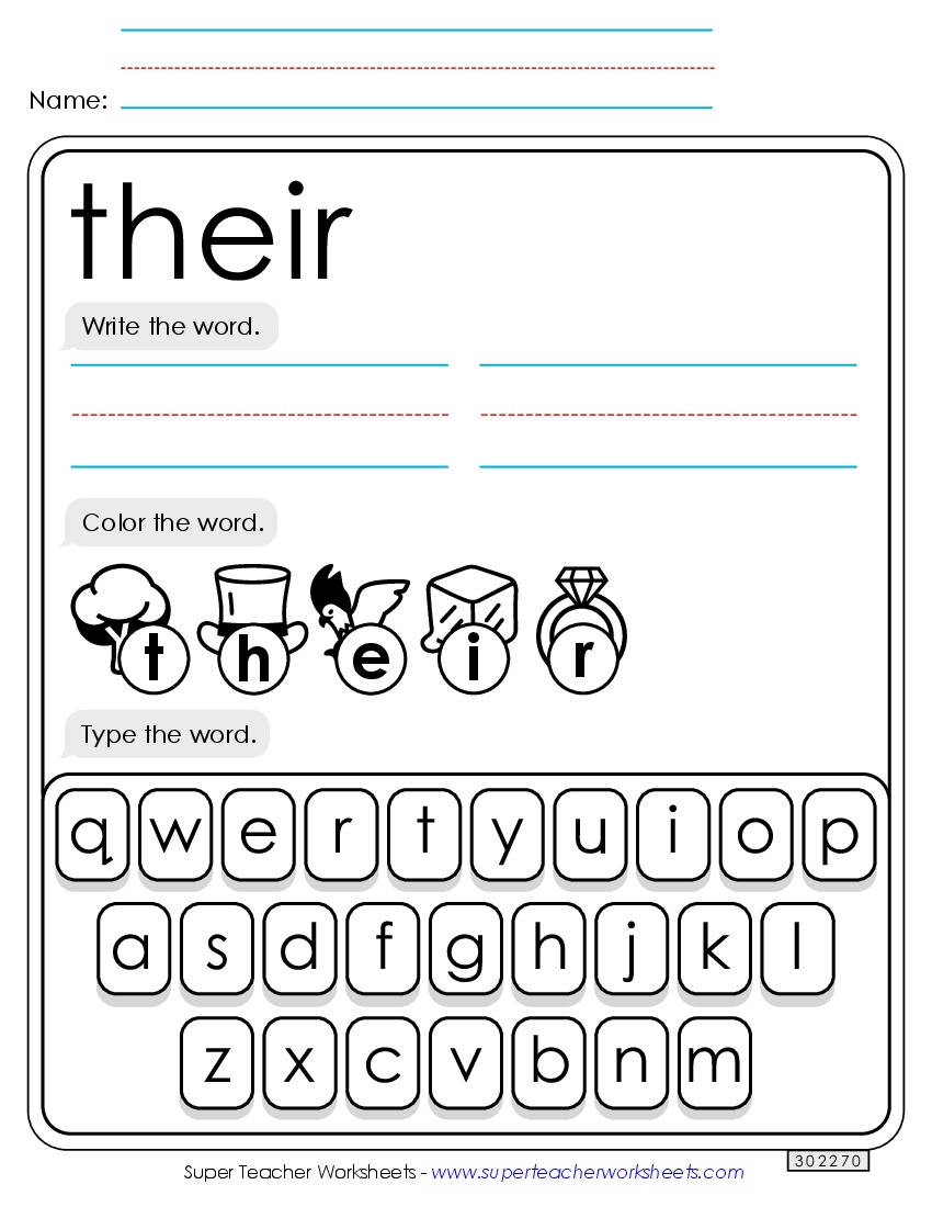 Write, Color, Type: Their Sight Words Individual Worksheet