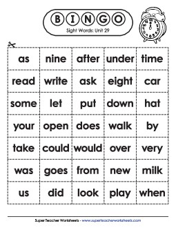 Sight Word Bingo (Unit 29) Sight Words Worksheet