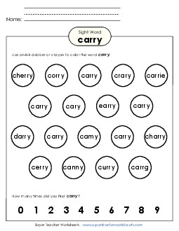 Dab or Color: Carry Sight Words Individual Worksheet