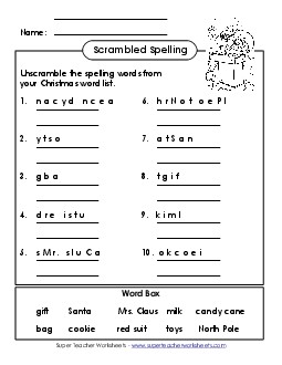 Scrambled Spelling Words (B-Christmas)  Spelling B Worksheet