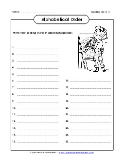 ABC Order: Write (D-19) Spelling D Worksheet